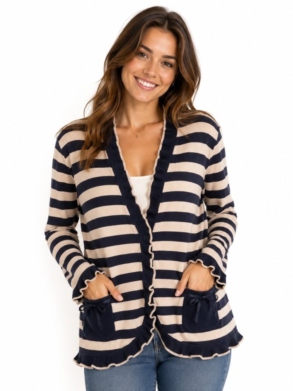 Basler Ruffle Trim Stripe Cotton Cardigan
